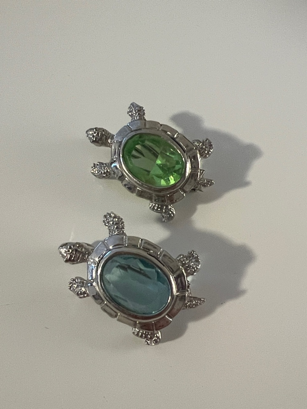 Zales Silver Turtle Brooches with Green and Blue Stones